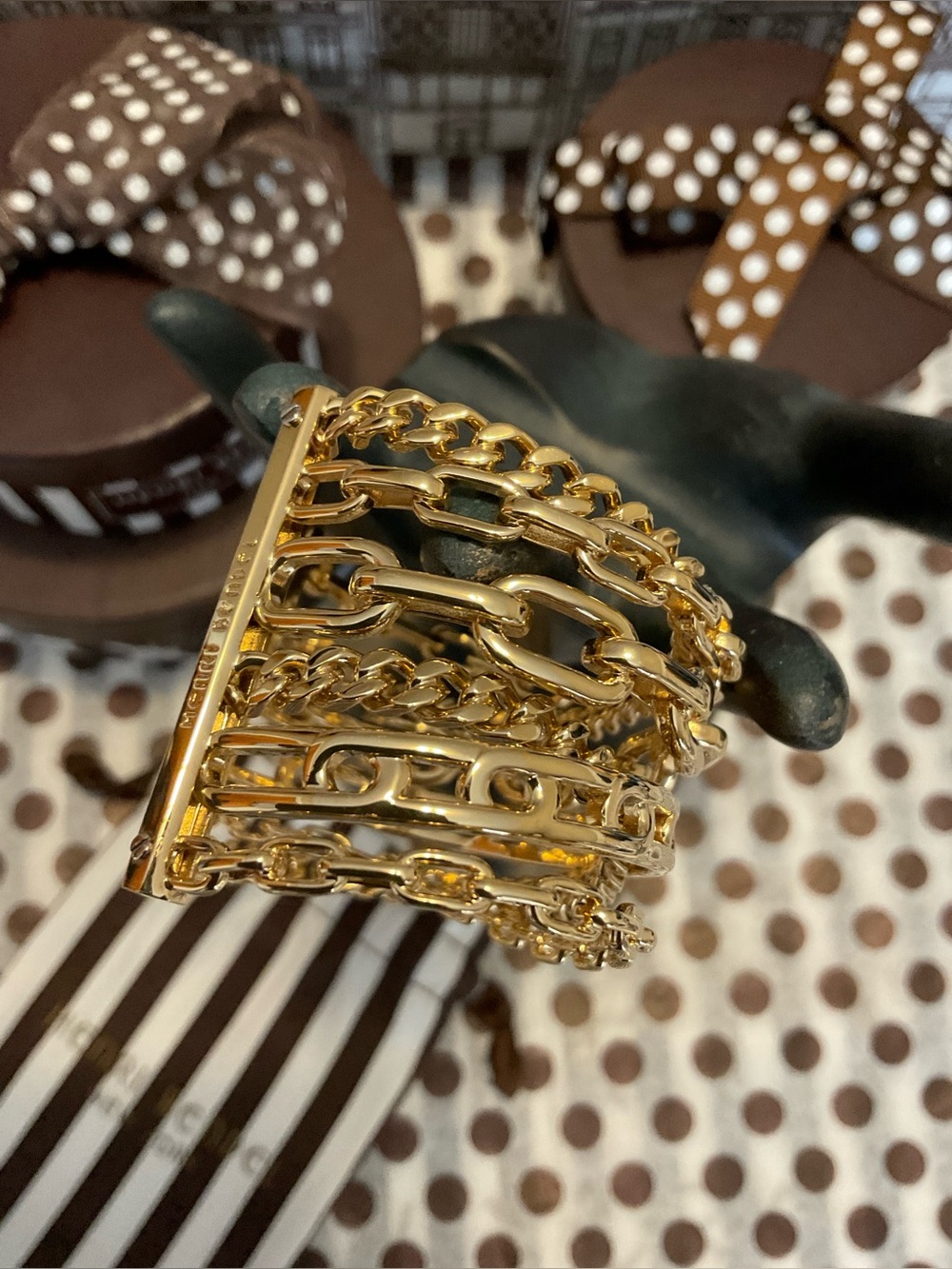 Henri Bendel Multi-Strand Chain Layered Cuff Bracelet Plus Dust Bag - Picture 9 of 12